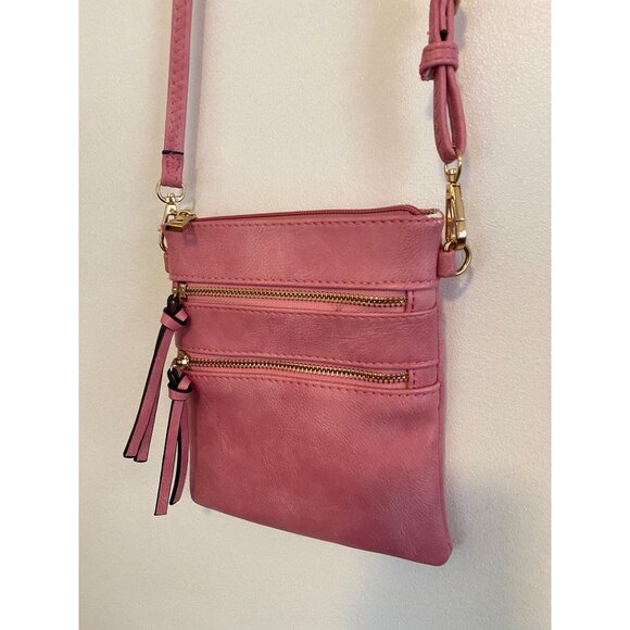 Pink Faux Leather Crossbody Bag With Gold Zippers & Adjustable Strap - Picture 2 of 5